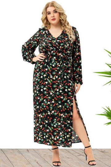 Woochic robe grande taille col en V imprimé fendue trapèze manches longue noir 1XL